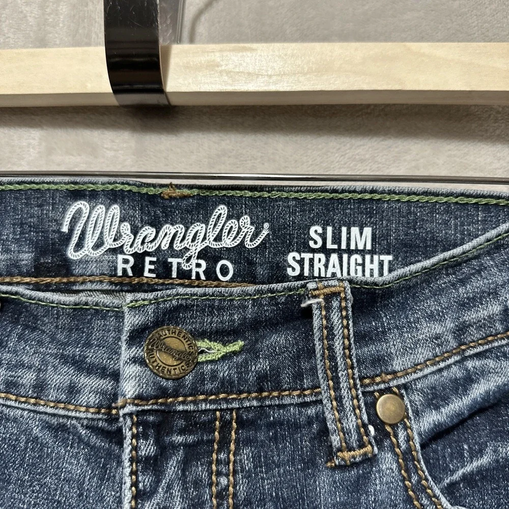 Wrangler Retro Slim Straight Jeans Men's 30 Blue Whiskering Faded Finish Pockets